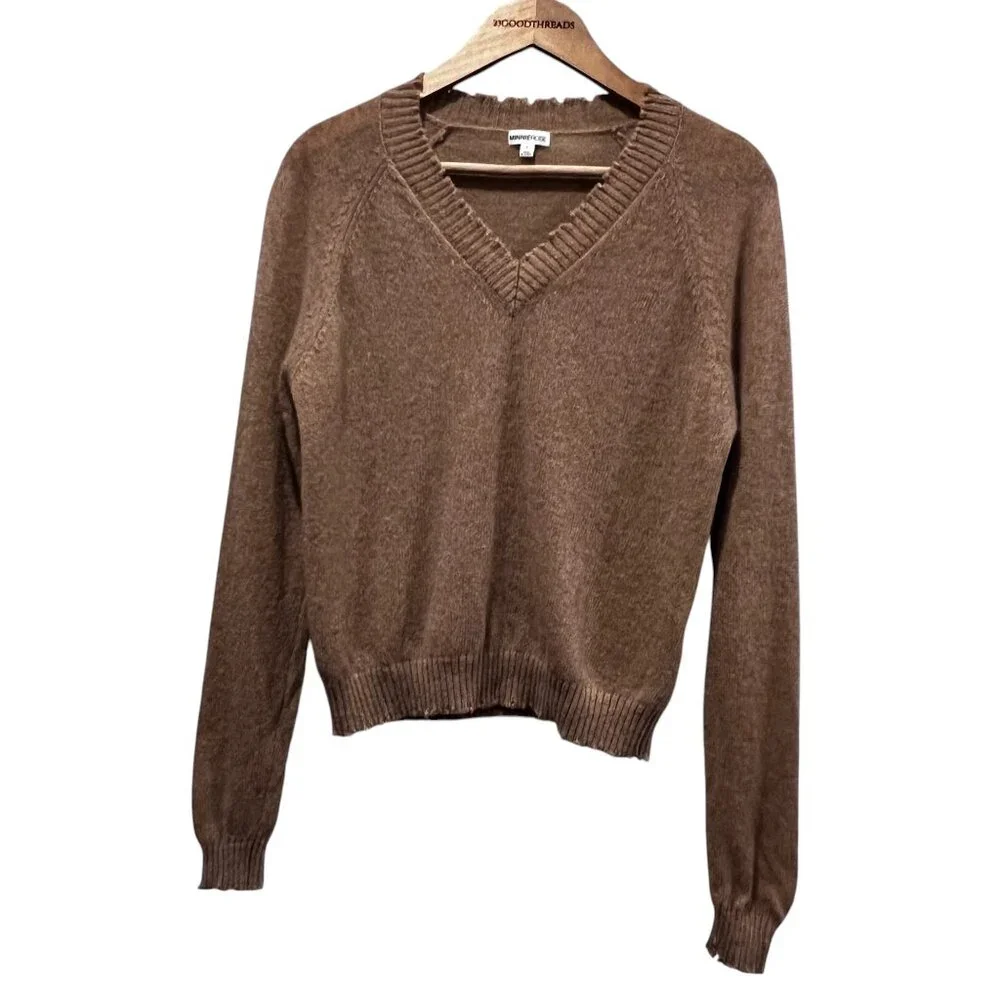 Minnie Rose Cashmere Frayed Edge V-Neck Sweater, Camel S